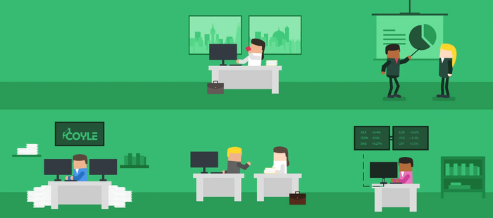 Illustration of characters representing Finance workers at desks with a Coyle branded background.