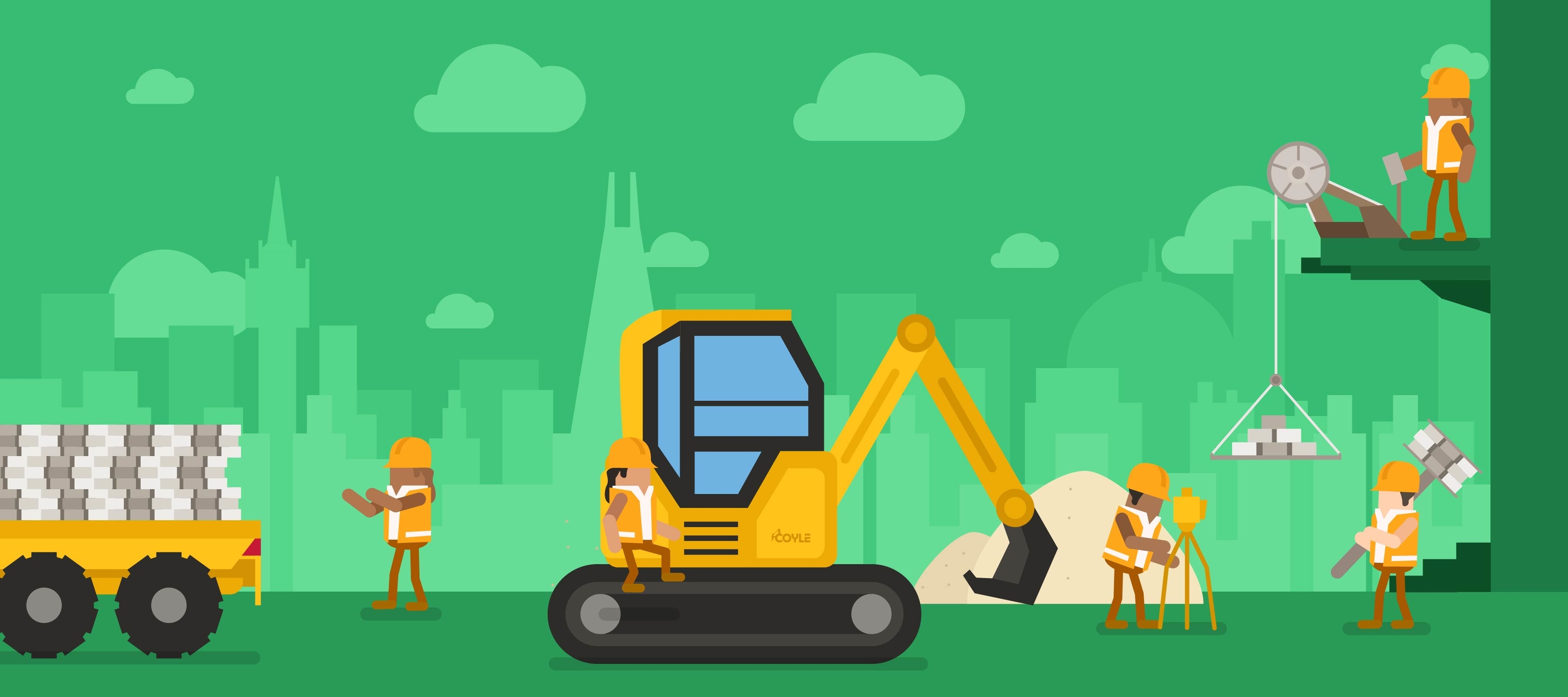 Coyle illustration presenting a scene of a construction site with equipment and materials, with construction workers.