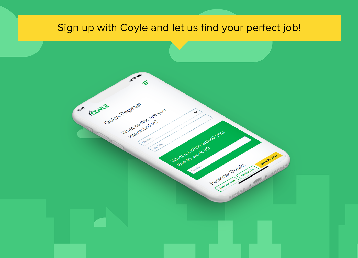 An illustration of a white iPhone with the Coyle Quick Register form displayed on it with a 'Sign Up' call to action.